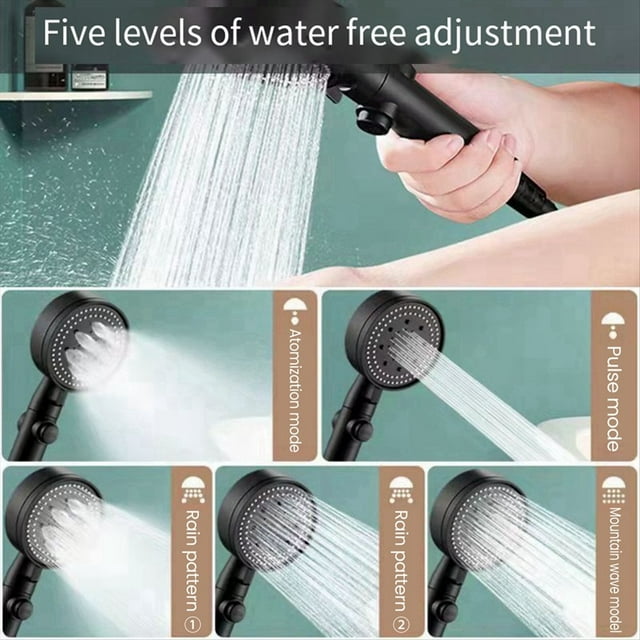 Juego de Cabezal de Ducha Negro Ajustable de 3 Piezas con Soporte de Pared + Manguera, Cabezal de Ducha de Alta Presión Que Ahorra Agua