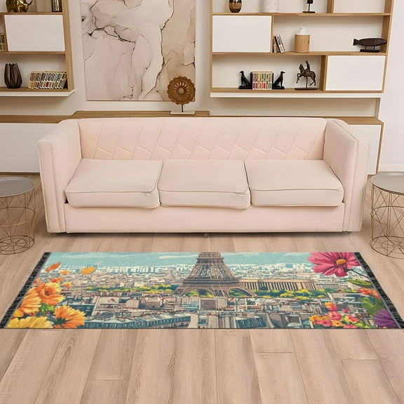 Floral Flowers Tower Runner Rug Non-Slip Area Rugs Linen Washable Non Shedding for Kitchen Bedroom Carpet