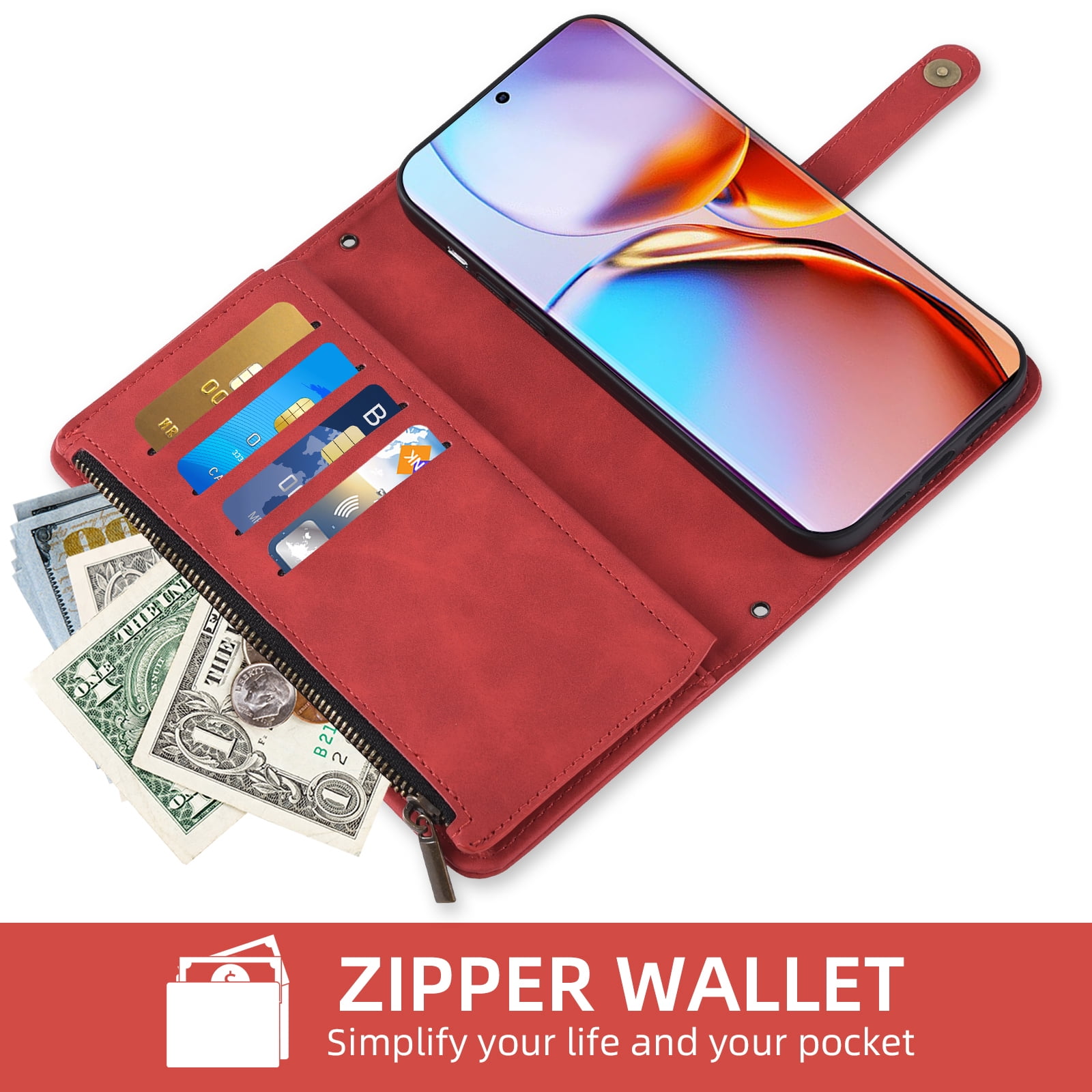 Asuwish Phone Case for Motorola Edge+ Plus 2023/Edge 40 Pro 5G/Moto X40 Wallet Cover With Tempered Glass Screen Protector Crossbody Wrist Strap Flip Pattern Zipper Credit Card Holder Cell X + Men Red
