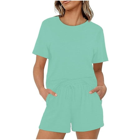

Women s Summer Casual Pajamas Sets Short Sleeve Crewneck Tops Shirts with Drawstring Shorts Lounge Pjs Sets Sleepwear