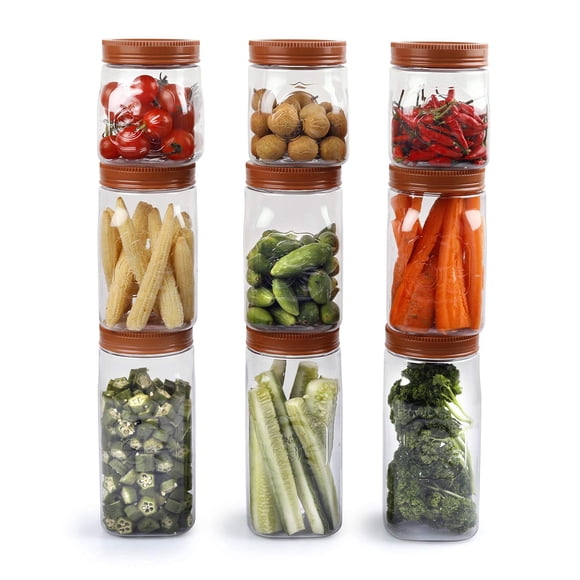Fridge Door Plastic Canisters - Set Of 9, Brown, 500ml X3, 750ml X3, 1000ml X3 | Multipurpose Jar For Kitchen - BPA Free With Airtight Lid | Ideal For Vegetables, Fruits, Dry Foods, Cookies