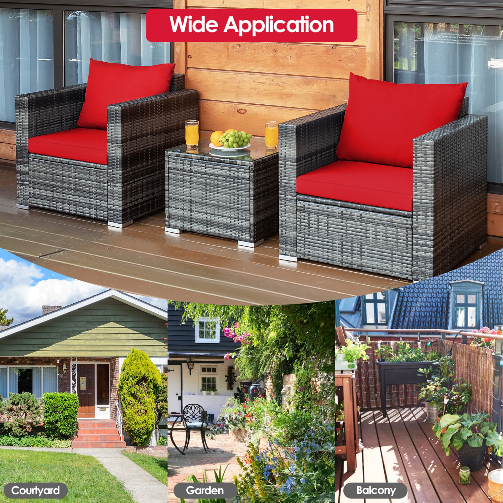 Gymax 3-Pieces Patio Conversation Rattan Furniture Set Outdoor with Red Cushion