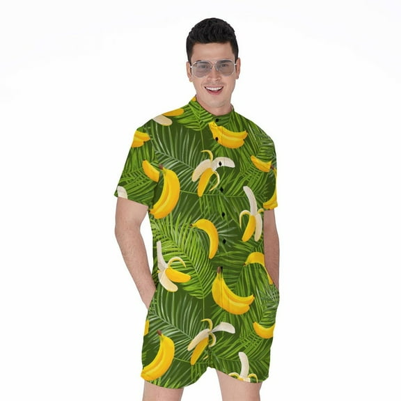 Green Tropical Banana Pattern Short Sleeve Men'S Rompers, Aloha Tropical Hawaiian Casual Summer Jumpsuits Outfit