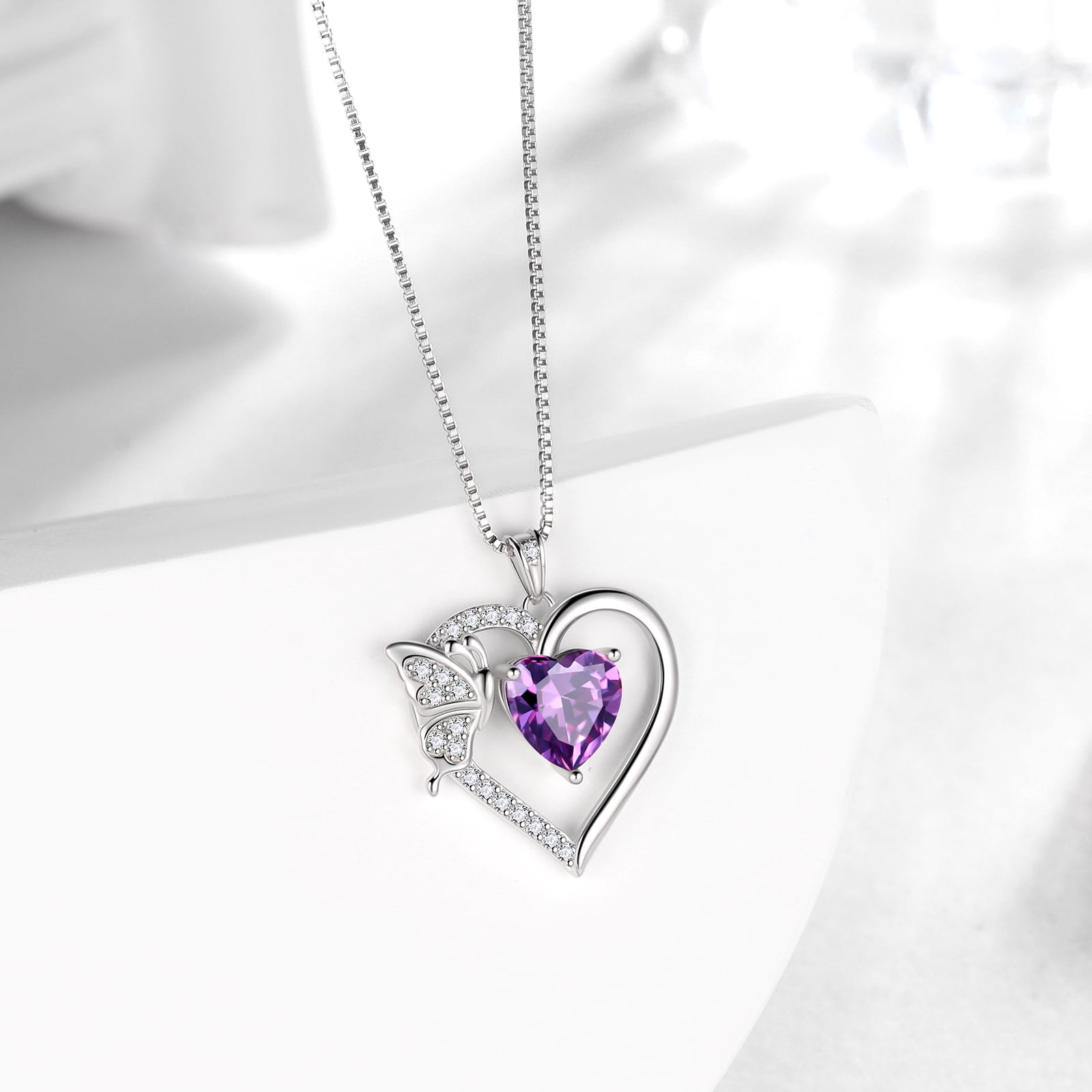 Purple Heart Necklace Butterfly February Birthstone Necklace Amethyst CZ 925 Sterling Silver Pendant Jewelry Women Birthday Valentine's Day Gift
