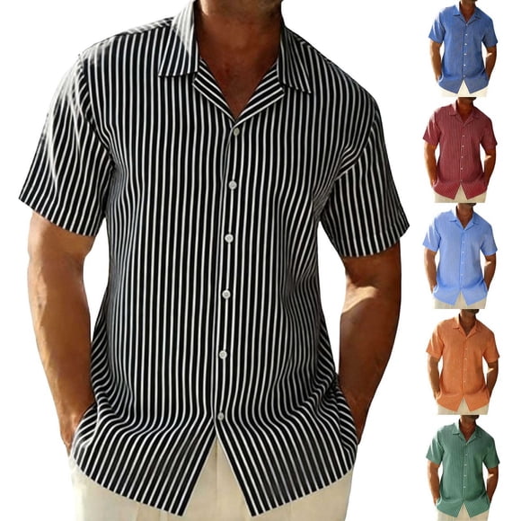 QIUOMBBP Short Sleeve Formal Shirts for Men Striped Regular Fit Button Down Tees Summer Loose Lightweight Business Tshirts Black S