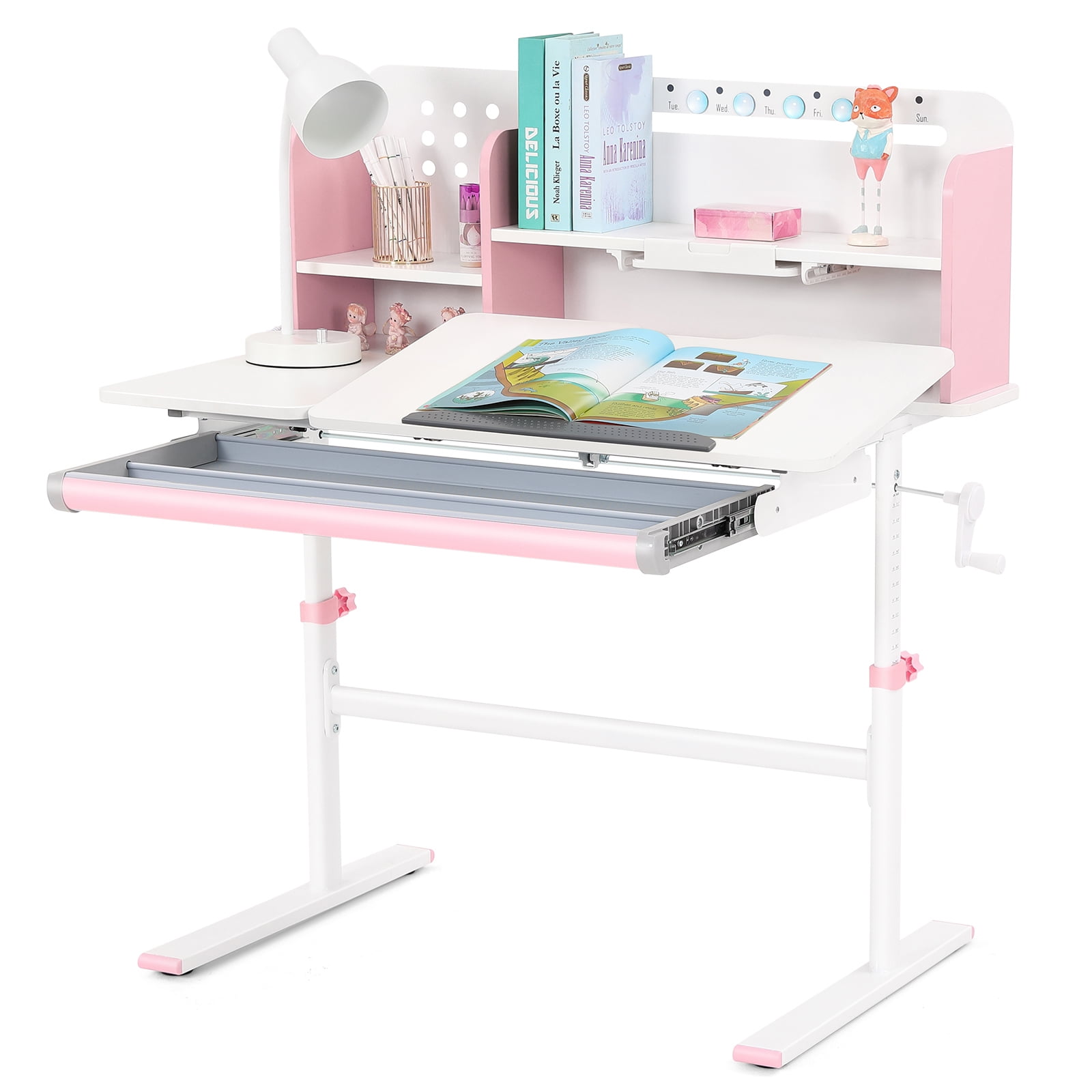 Adjustable Height Ergonomic Kids Study Desk & Chair Set Children Students Drafting Table Home School with Shelf,Drawer(Pink)