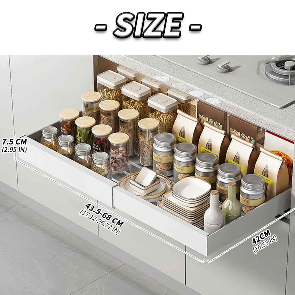 Expandable Pull Out Cabinet Organizer, Heavy Duty Slide Out Drawers, Fixed with Adhesive, Expandable Cabinet Pull Out Shelves for Kitchen Pantry Bathroom