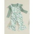 thumbnail image 3 of Suealasg Toddler Girls Fall Outfits Set Clothes 1T 2T 3T 4T 5T Fly Sleeve Ribbed T-shirt +Daisy Print Suspender Flared Pants 2Pcs Autumn Clothing for Little Girls, 3 of 7
