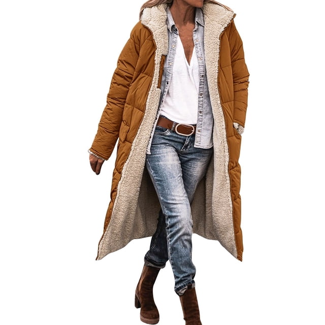 Kcodviy Femmes Décontracté à Fermeture Éclair Femmes Manteaux d'Hiver Veste avec Poches Molleton Maternité Grande Taille Veste Chandail à Capuchon Hiver Réversible Teddy Doudoune Grande Taille Manteau Long Vêtement d'Extérieur