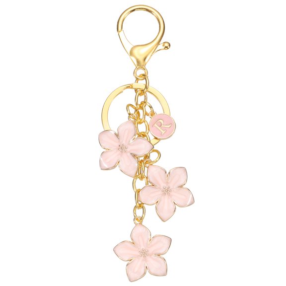 Uxcell Initial Letter Flower Keychain, Alphabet R Drip Oil Pink Charm Cherry Blossom