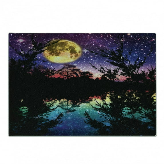 Purple Cutting Board, Lake Moonlight Stars in Night Sky with Trees Contemporary Modern Design, Decorative Tempered Glass Cutting and Serving Board, Small Size, Purple Pink and Blue, by Ambesonne