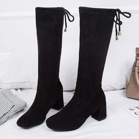 jsaierl Women's Fashion High-Heels Chunky Heel Knee High Boots Slouchy Round-Toe Flock Boots