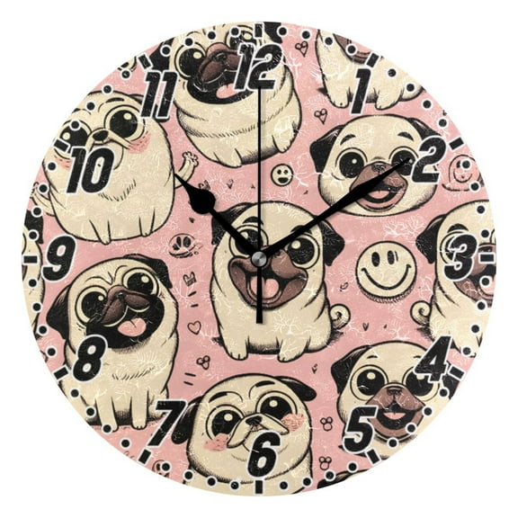 Happy Pug Dog Wall Clock 9.8 inch Battery Operated Clocks Non-Ticking Silent for Bedroom Office Kitchen Living Room