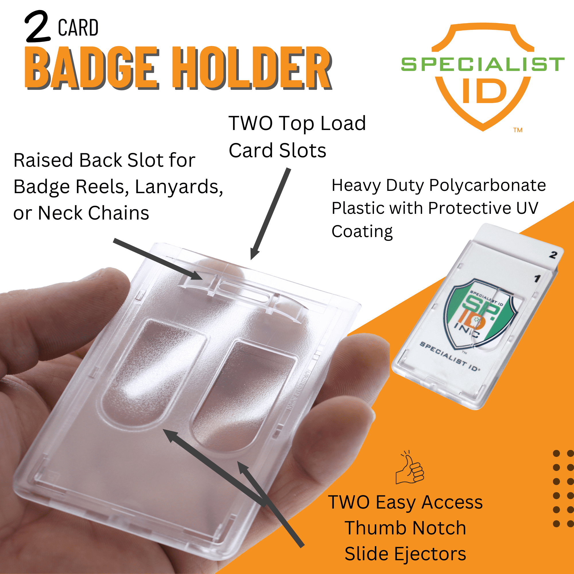 Bulk 50 Pack - Heavy Duty Dual Sided Badge Holders - Holds 2 Cards - Polycarbonate Vertical - Durable Rigid Clear Hard Plastic Badges - Secure Top Load Sleeve Card Protector Case by Specialist ID