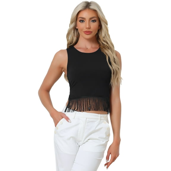 DARING DIVA Women's Ribbed Knit Tank Crew Neck Crop Tassel Trim Vest XS Black