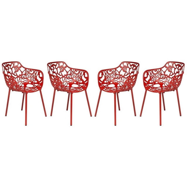 LeisureMod Fauteuil de Salle à Manger Moderne Devon Intérieur Extérieur en Aluminium Rouge Ensemble de 4