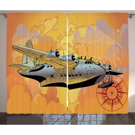 Vintage Airplane Decor Curtains 2 Panels Set Retro Seaplane In