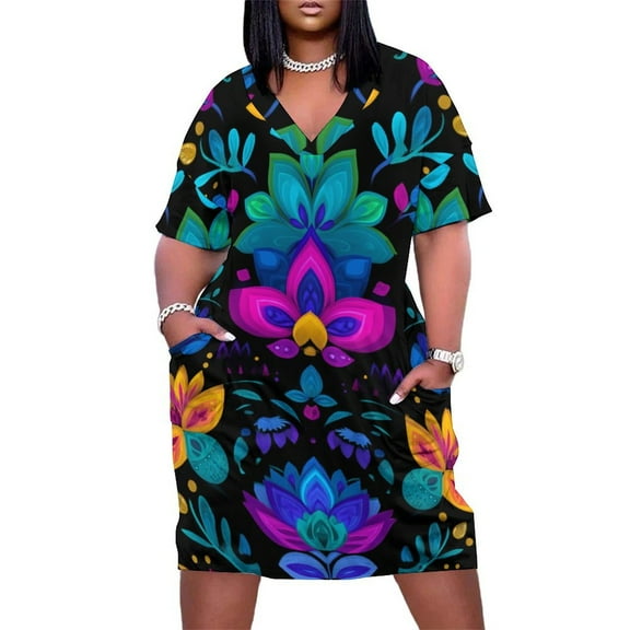 Womens Casual Dresses Vibrant Floral Mexican Textile Design Short Sleeve Dress Summer Dresses for Women 2025