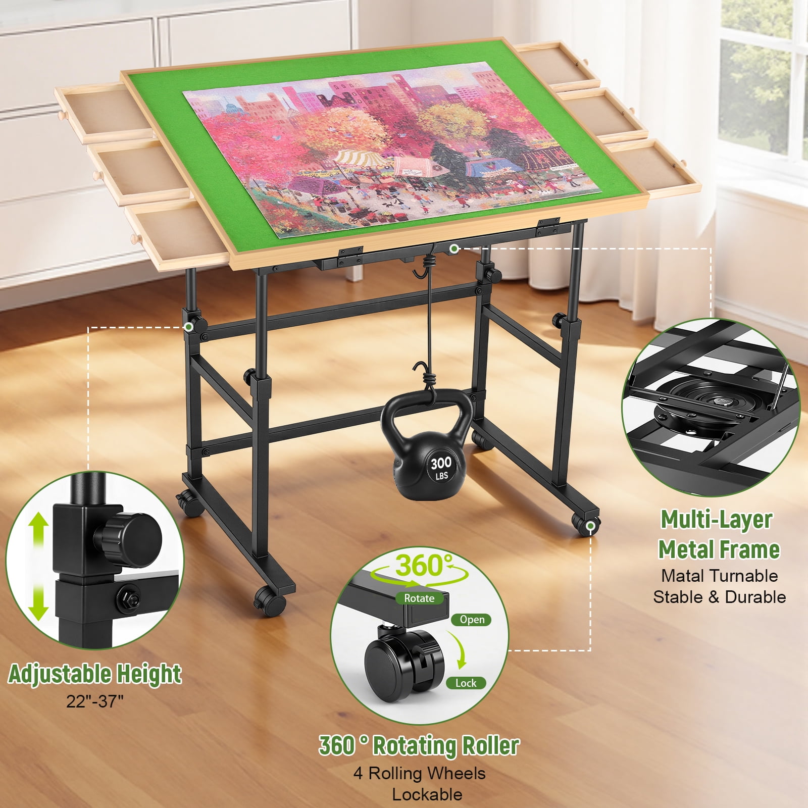 1500 Piece Jigsaw Puzzle Table with Metal Lazy Susan, Rotating Adjustable Height Puzzle Desk with Legs for Adults, 4-Tilting-Angle Rolling Wooden Board with 6 Drawers & Cover