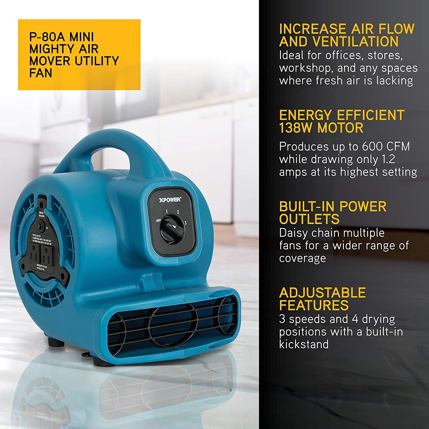 XPOWER P-80A Mini Mighty Air Mover, Utility Fan, Dryer, Blower with  Built-in Power Outlets - Blue