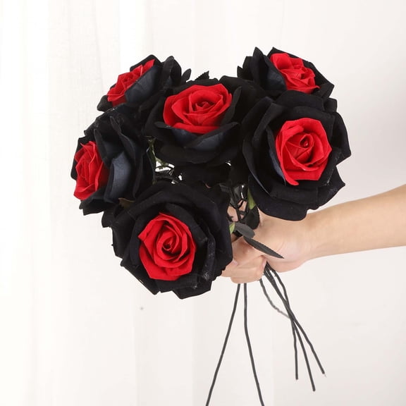 Artificial Black Red Rose Stem, Gothic Two-Tone Fake Silk Rose Flower with Black Leaves, Single Faux Floral Pick for Halloween Wedding Gothic Party Vase Table Centerpiece Home Decor