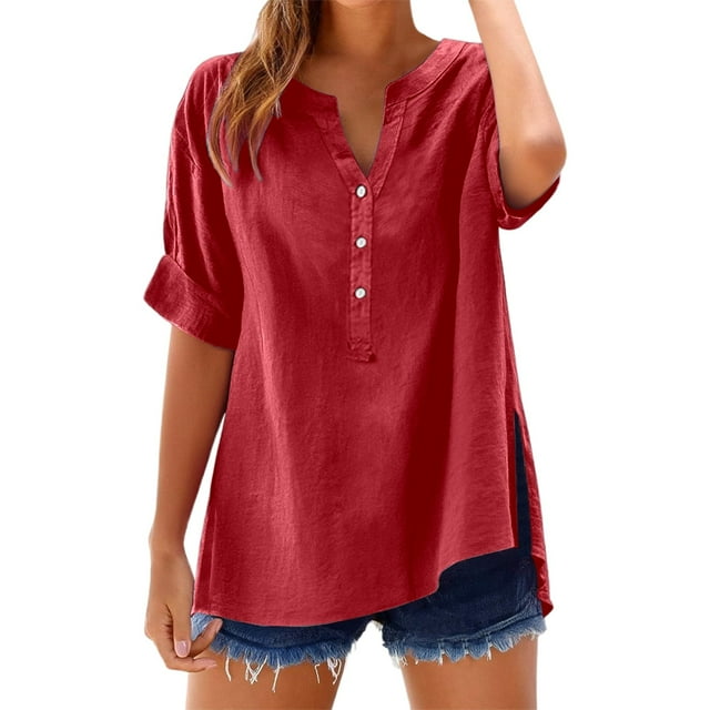 Linen Shirts for Women Summer Loose Short Sleeve Tops Button Roll Henley Shirt Boho Plus Size Split Blouses Tunic