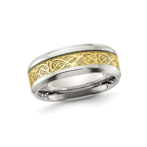 Mens Yellow Plated Stainless Steel Band Ring with Inlay Design (8.0,mm) for Men
