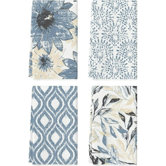 Blue Floral Leaves Boho Kitchen Towels Dish Towels, 18x26 Inch Seasonal Decoration Hand Towels Set of 4