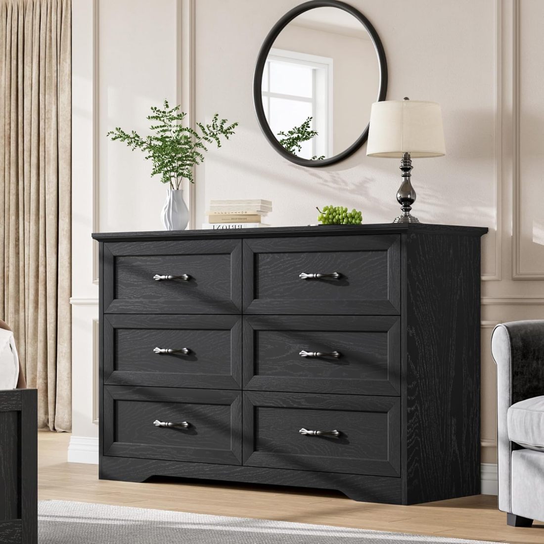 Grey 10-Drawer Dresser – 59 Inch Wide, Metal Ring Pulls, Rustic TV Stand For Bedroom