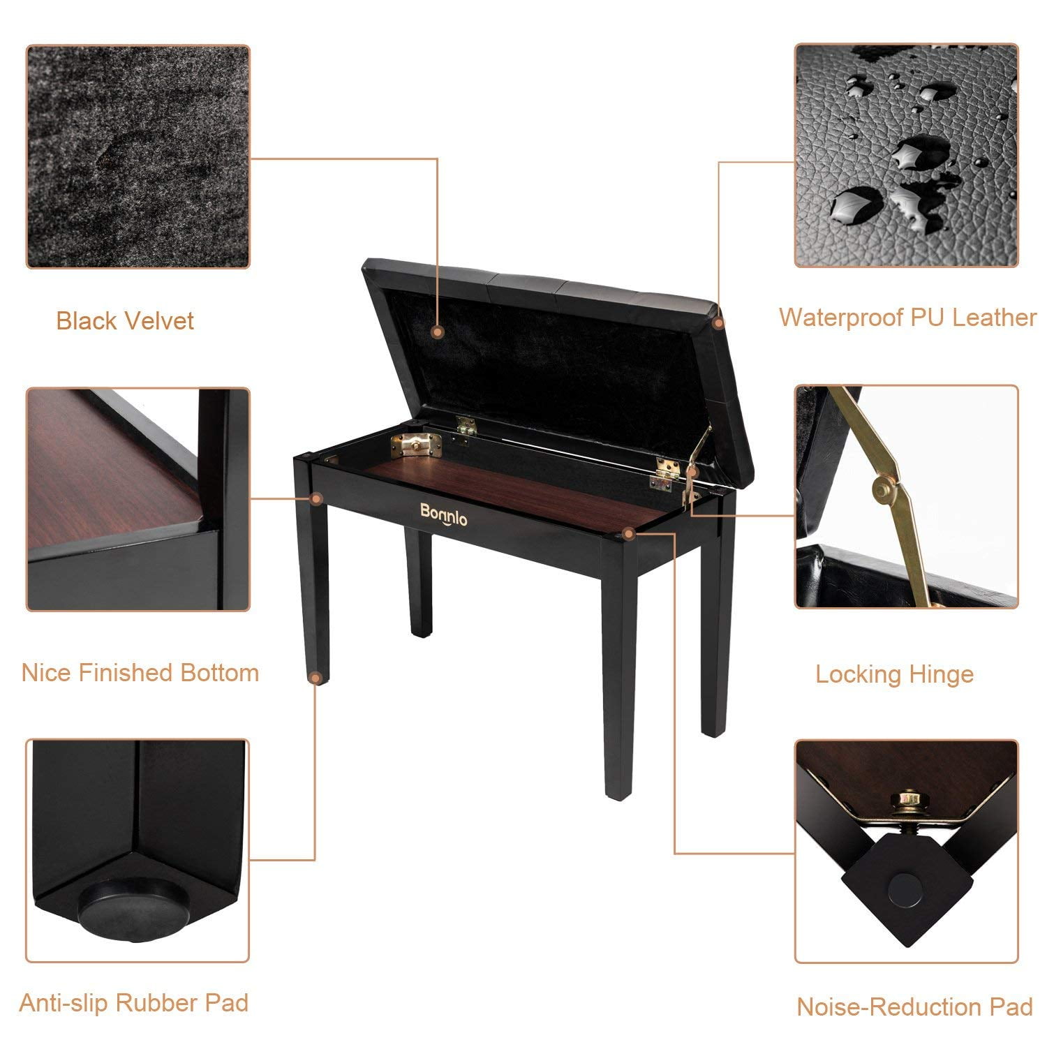 Bonnlo Wooden Piano Bench Keyboard Seat Stool With Music Storage