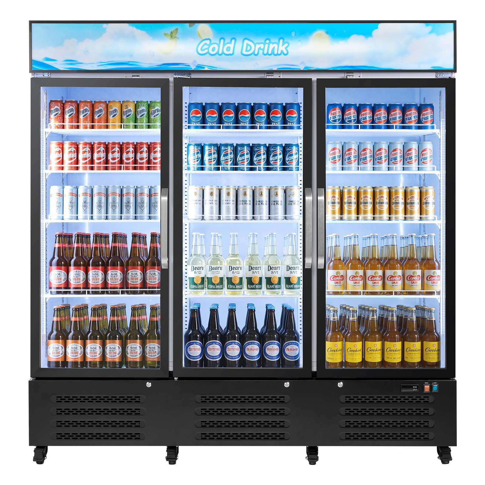 KFFKFF Commercial Merchandiser Refrigerator, 54.3 Cu.Ft / 1538L Beverage Cooler with Glass Doors, Customizable Lightbox, 12 Adjustable Shelves, LED Lighting & Casters