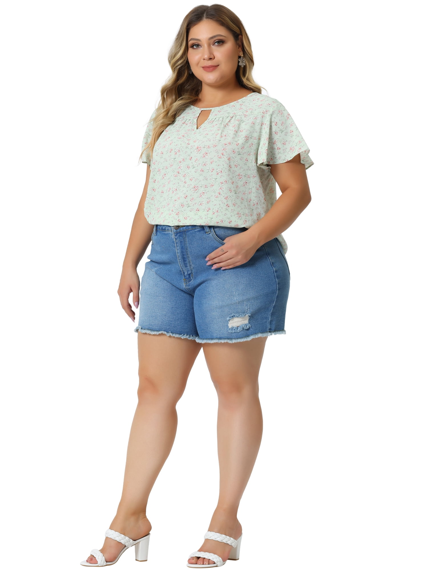 DARING DIVA Women's Plus Ruffle Short Sleeve Keyhole Chiffon Blouse L Light Green