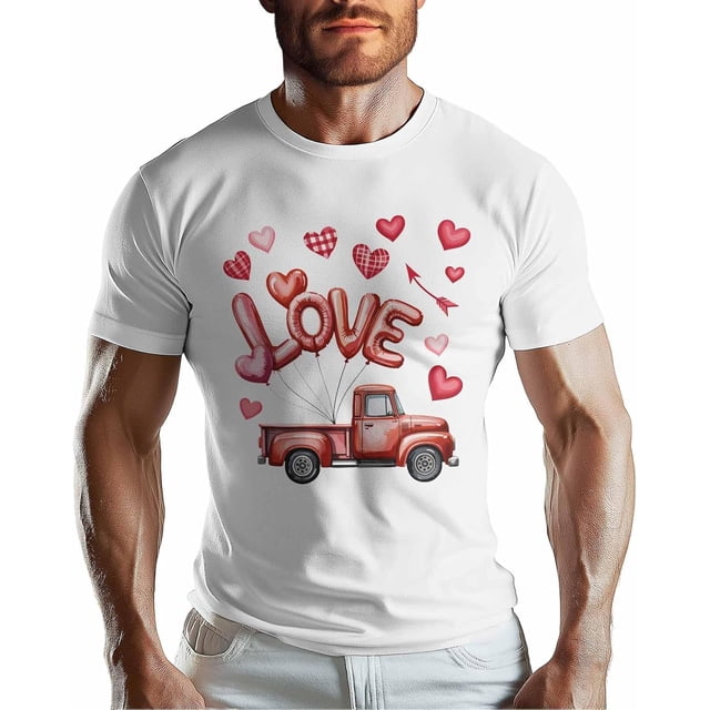 Camisetas para hombre, camiseta de algodón con cuello redondo y diseño de camión de amor para San Valentín, camiseta de manga corta para hombre con diseño de coche de amor con corazón.