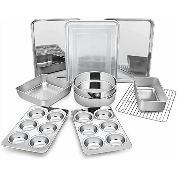 Bakeware Sets of 11, Stainless Steel Baking Pans Set, Includes Baking Sheets and Rack, Lasagna Pan with Lid, Round/Square Cake Pan, Muffin Pans, Loaf Pan, Reusable & Durable