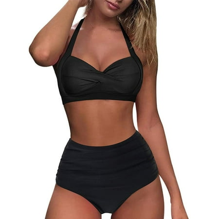 BSDJILFG Hater Bikini Sets for Women Push Up Bra Backless High Waisted Drawstring Hipster Underwear for Swimming Surfing Bathing Clearance