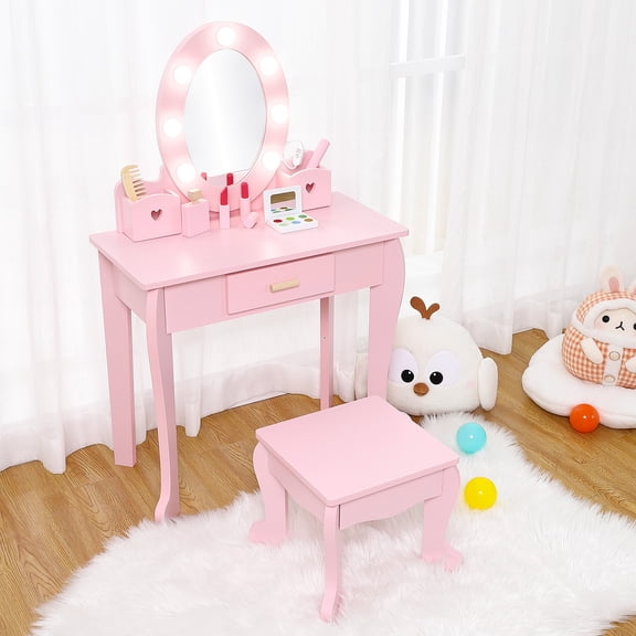 Girls' Vanity Table and Chair Set, Kids Makeup Dressing Table with Lights Mirror & Wood Makeup Playset & Drawer for Age 4 - 9, Pink