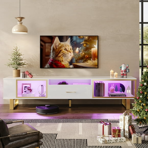 Bestier White High Gloss Entertainment Center TV Stand for 75 inch TV with Open Storage & Drawer