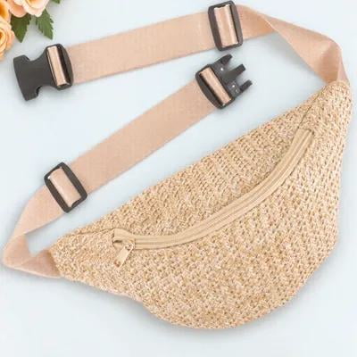 Mobestech Brown Woven Straw Waist Bag for Travel and Personal Belongings