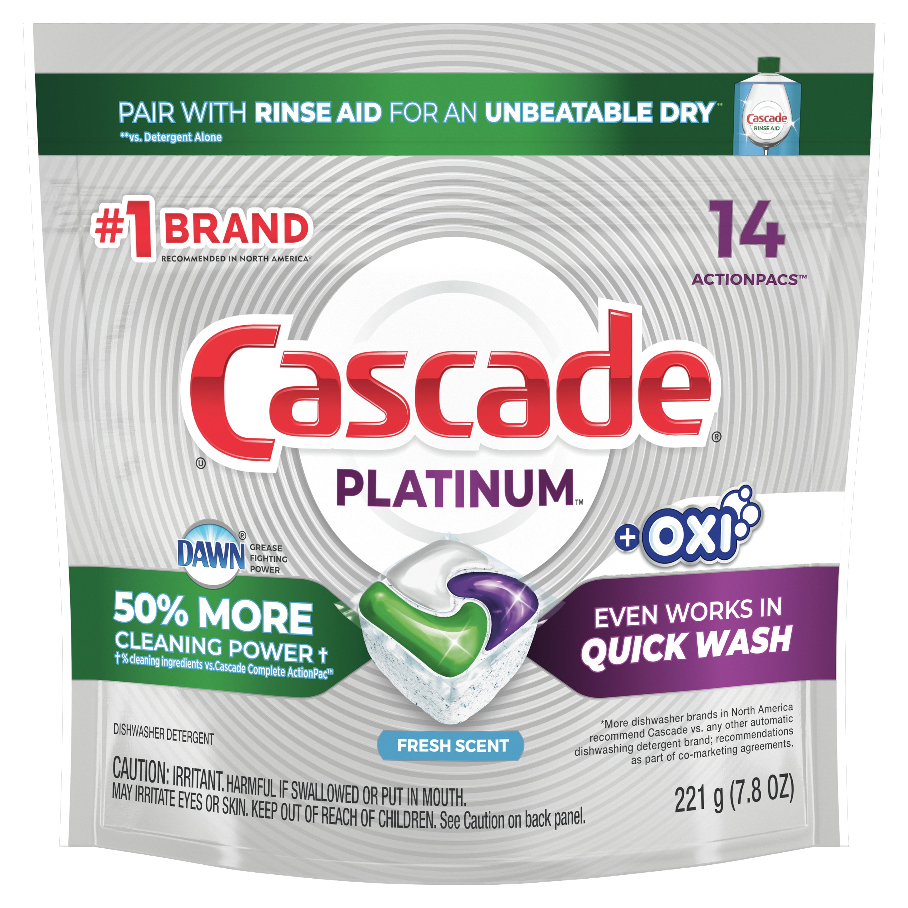 Cascade Pacs Dishwasher Detergents, Fresh Scent, 7.8 Ounce, 14 Count