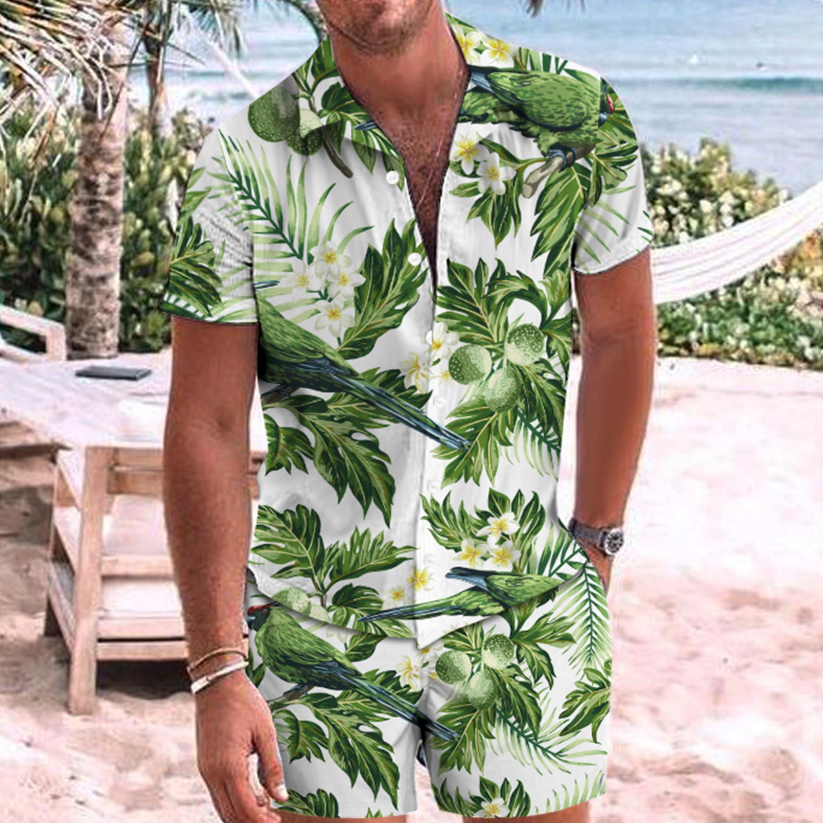 Mens Flower Shirt Hawaiian Sets 2 Piece Outfit Casual Button Down Short Sleeve Shirt Shorts Suits Set Beach Tracksuit Pocket 