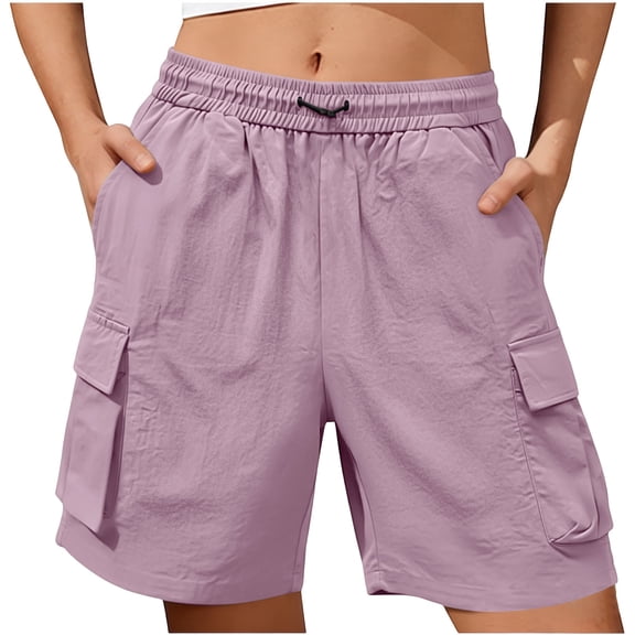 ClodeEU Women's Elastic Waist Cargo Knee Length Shorts with Pockets ,Casual Summer Bermuda Pants Pink,Womens Plus S