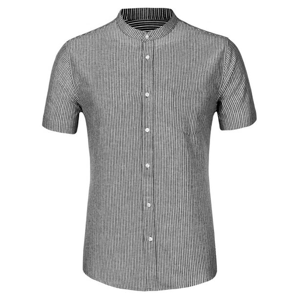 Unique Bargains - Men's Stripe Collarless Short Sleeves Button Up Shirt