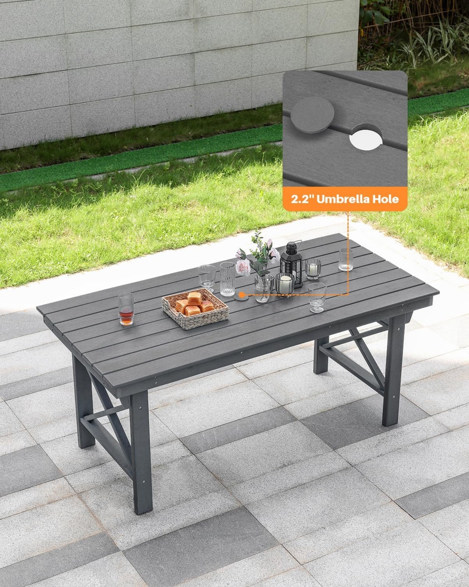 HDPE Outdoor Dining Table for 6, 66.9" Rectangular Patio Dining Table with 2.2" Umbrella Hole, All-Weather Outdoor Table for Backyard, Deck, Garden, Poolside, Smoke Gray
