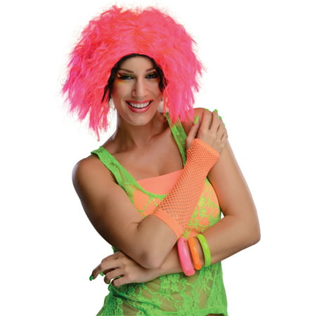 Adult Womens 80s Neon Chic Pink Black Rave Dance Costume Wavy Wig