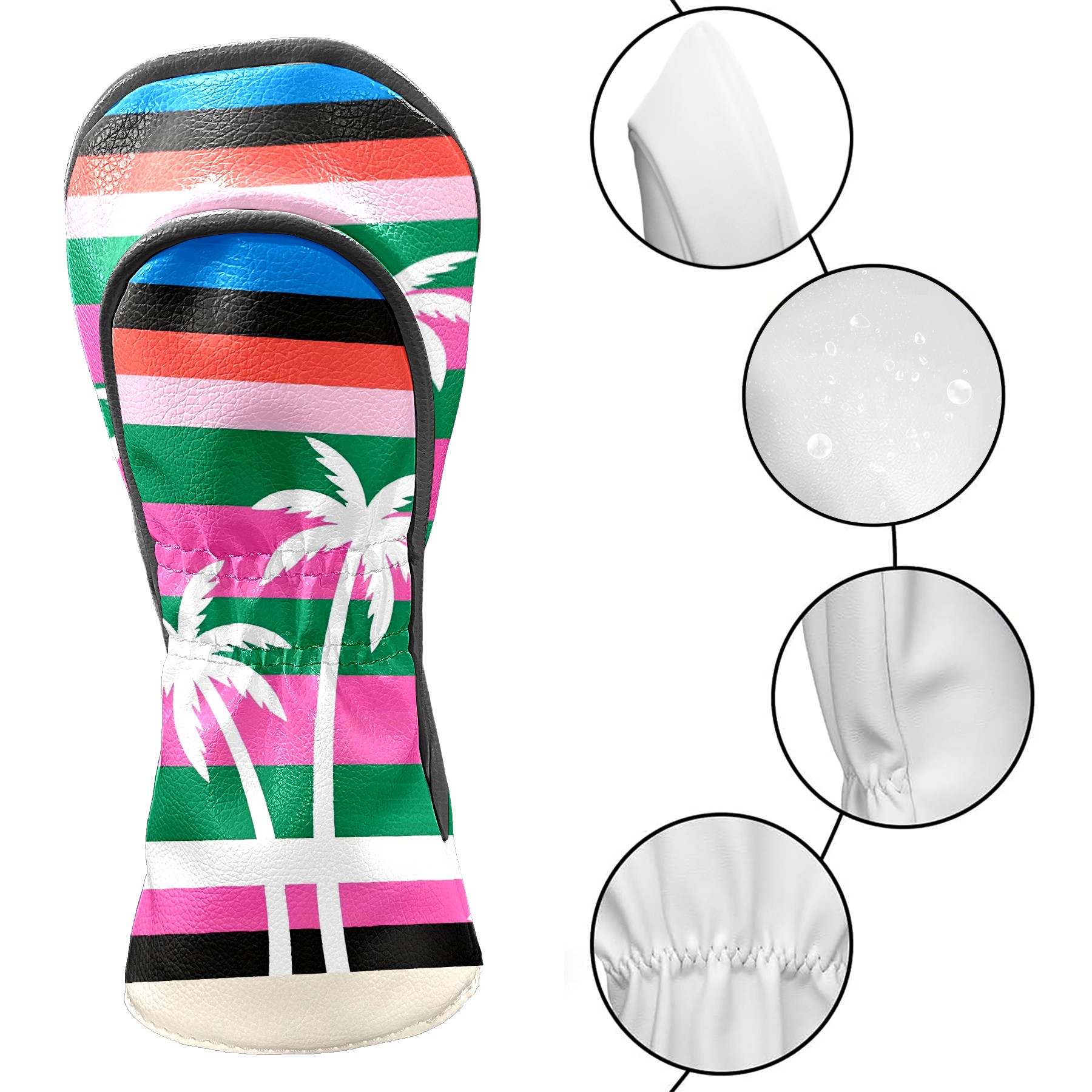 Golf Club Covers, Colorful Palm Tree Premium PU Leather Driver Hybrid Putter Head Covers with Velvet Lining, Waterproof Golf Gifts for Men Women