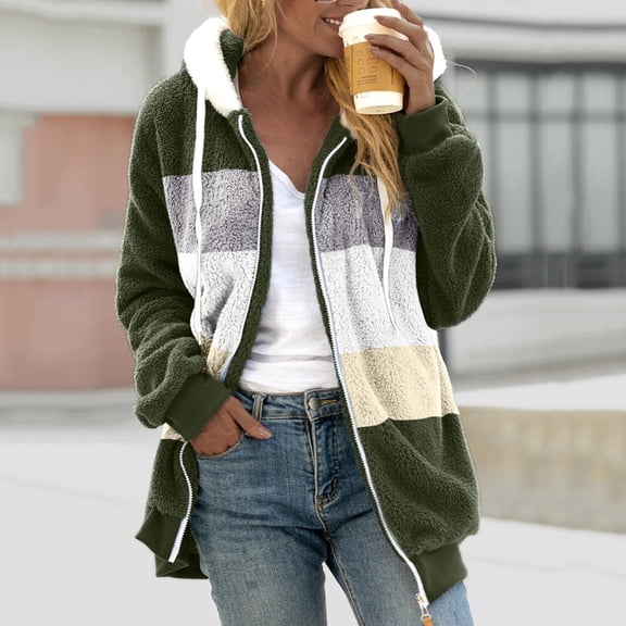 Baqcunre Women's Patchwork Long Sleeve Drawstring Hoodie Jacket with Zipper Pocket Women Clothing Womens Hoodies Zip Up Hoodie Women Womens Sweatshirt Army Green L