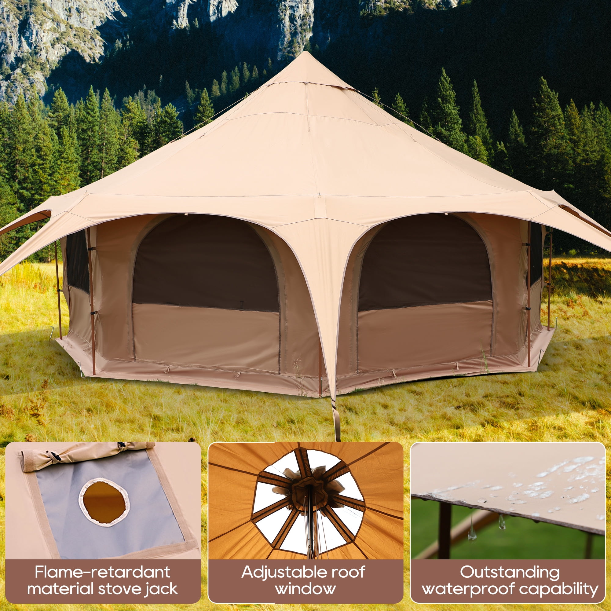 5M Cotton Canvas Bell Yurt Shelter with Stove Jack, 4-Season Glamping Tent for Year-Round Camping and Outdoor Living, Khaki