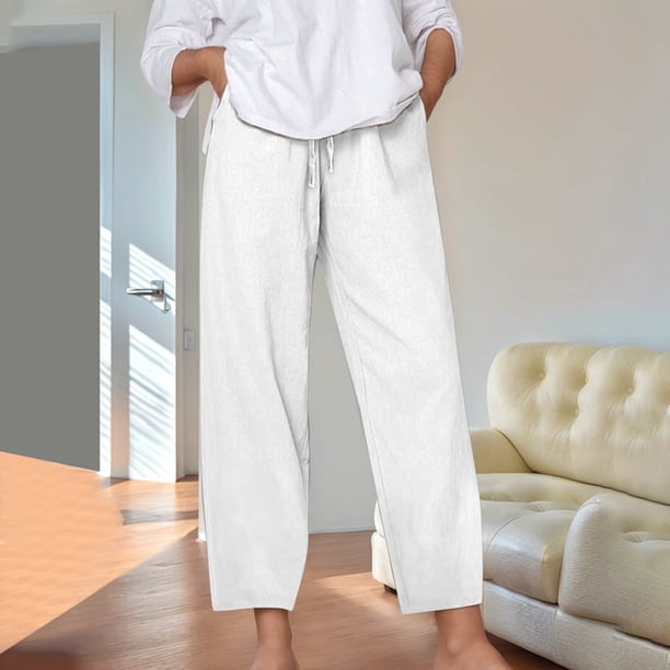 WILLBEST Pantalones Casuales para Mujer: Pantalones Holgados, Cómodos y de Lino, de Color Liso, con Cintura Elástica, Bolsillos y Pierna Recta para Uso Diario. Extra Grande