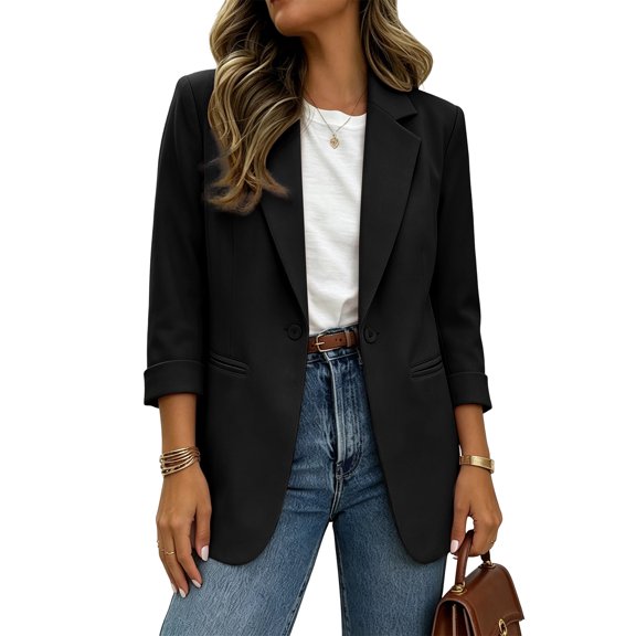 ClodeEU Women's Lapel Collar Open Front 3/4 Sleeve Blazer,Casual Office Slim Suit Jacket Black,Women's Plus L