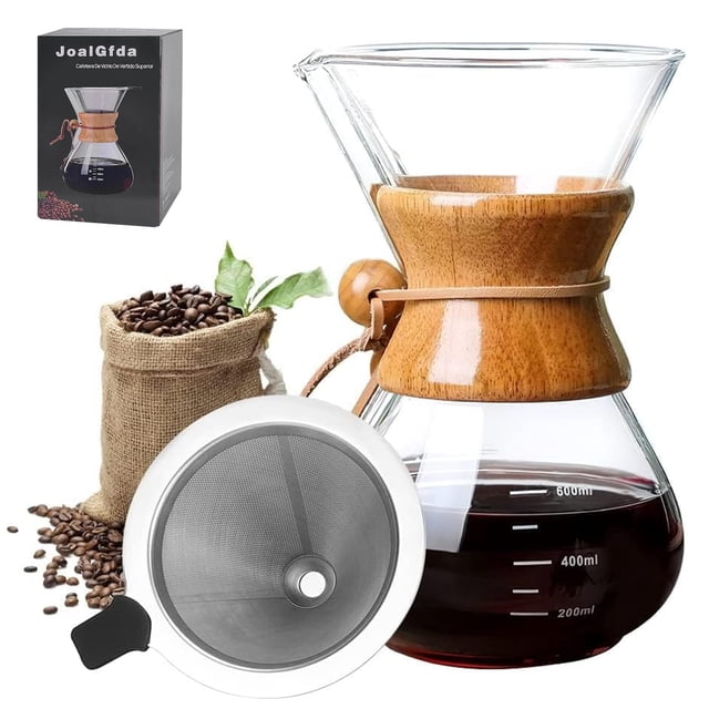 JoalGfda 600ml New Juego de cafetera Pour Over, jarra de vidrio sin papel con filtro de acero inoxidable 304, cafetera de vidrio reutilizable, goteador de café manual, goteo